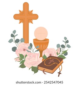 Symbols of the First Communion. Vector. Golden wine cup, Grail, bread, Bible, rosary, wine, white roses and crucifix. Festively decorated altar. Symbolizes the sacred sacrifice of Jesus Christ.