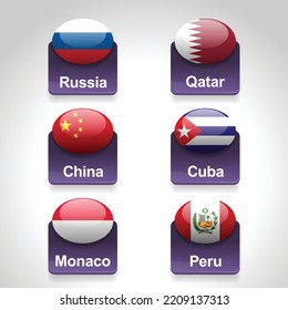 Symbols, flags, icons of the countries, Russia, Qatar, China, Cuba, Monaco and Peru