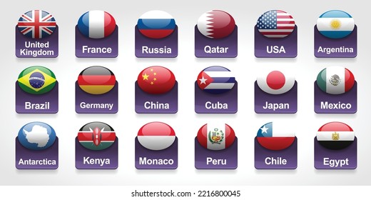 Symbols, flags, icons of the countries, United States, Japan, Chile, Argentina, Mexico, Egypt, United Kingdom, France, Brazil, Germany, Antarctica, Kenya, Russia, Qatar, China, Cuba, Monaco and Peru