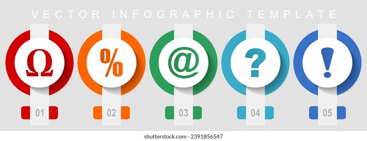 Símbolos conjunto de iconos de diseño plano, iconos diversos como omega, porcentaje, at, signo de interrogación y exclamación, plantilla de infografía vectorial, colección de botones web