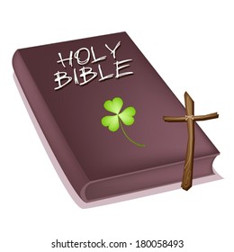 Symbols for Fortune and Luck of Brown Covered Bible with A Wooden Cross and Clover Plants or Shamrock, The Foundation of Christianity. 