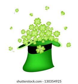 Symbols for Fortune and Luck, An Illustration of Fresh Green Four Leaf Clover Plants or Shamrock in Saint Patrick's Hat