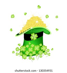 Symbols for Fortune and Luck, An Illustration Stack of Golden Four Leaf Clovers or Shamrocks in Saint Patrick's Hat