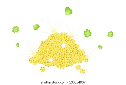 Symbols for Fortune and Luck, An Illustration A Stack of Golden Four Leaf Clovers or Shamrocks for St. Patricks Day Celebration