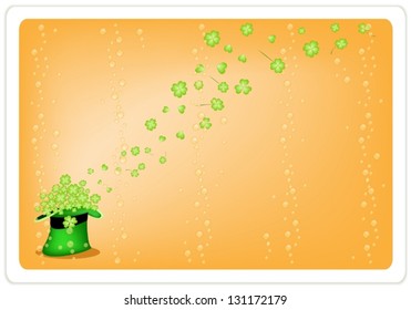 Symbols for Fortune and Luck, A Orange Background of Fresh Green Four Leaf Clover Plants or Shamrock in Saint Patrick's Hat for St. Patricks Day Celebration