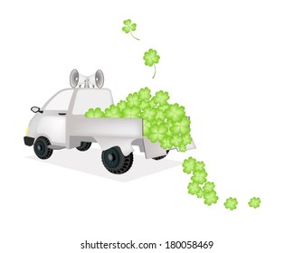 Symbols for Fortune and Luck, A Pickup Truck Full with Fresh Four Leaf Clover Plants or Shamrock, Ready for Delivery and Send for St. Patricks Day Celebration. 