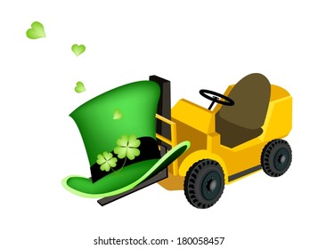 Symbols for Fortune and Luck, Powered Industrial Forklift Loading Fresh Four Leaf Clover Plants or Shamrock for St. Patricks Day Celebration. 