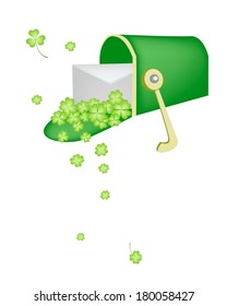 Symbols for Fortune and Luck, Vector Illustration of Open Mailbox or Letter Box Receiving A Letter and Four Leaf Clover Plants or Shamrock for St. Patricks Day Celebration. 