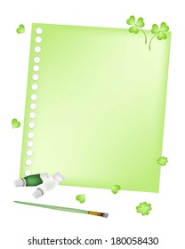 Symbols for Fortune and Luck, Vector Illustration of Craft Paintbrush or Artist Brush with Color Tubes Painting Four Leaf Clover Plants or Shamrock for St. Patricks Day Celebration. 