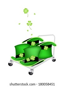 Symbols for Fortune and Luck, Vector Illustration of Hand Truck or Dolly LoadingGreen Hat with Four Leaf Clover Plants or Shamrock for St. Patricks Day Celebration. 