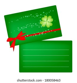 Symbols for Fortune and Luck, Vector Illustration of Green Greeting Card with Four Leaf Clover or Shamrock for St. Patricks Day Celebration with Copy Space for Text Decorated.  