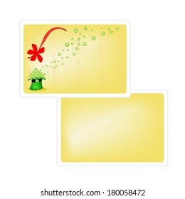 Symbols for Fortune and Luck, Vector Illustration of Yellow Greeting Card with Four Leaf Clover or Shamrock in Saint Patrick's Hat with Copy Space for Text Decorated.  