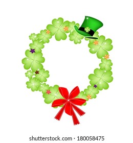 Symbols for Fortune and Luck, Vector Illustration of Saint Patrick Wreath of Four Leaf Clover Plants or Shamrock Decorated with Green Hat, Stars Ornaments and Red Bow. 