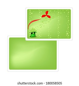 Symbols for Fortune and Luck, Vector Illustration of Two Green Greeting Card with Four Leaf Clover or Shamrock in Saint Patrick's Hat with Copy Space for Text Decorated.  