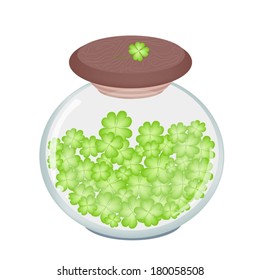 Symbols for Fortune and Luck, Vector Illustration of Fresh Four Leaf Clover Plants or Shamrock in A Glass Jar for St. Patricks Day Celebration. 