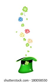 Symbols for Fortune and Luck, Vector Illustration Golden, Green, Red and Blue Four Leaf Clovers or Shamrocks Falling in A Saint Patrick's Hat.  