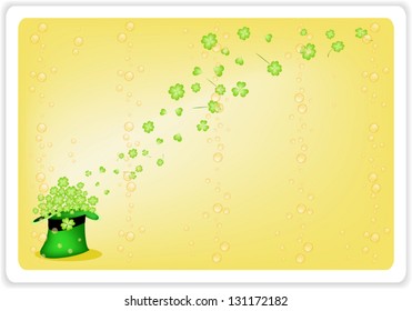 Symbols for Fortune and Luck, A Yellow Background of Fresh Green Four Leaf Clover Plants or Shamrock in Saint Patrick's Hat for St. Patricks Day Celebration