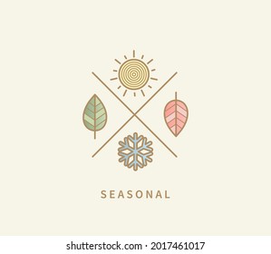 Symbols for four seasons. Icon set with signs for hot summer,cold winter,red autumn and green spring. Snowflake, red and green leaf, sun. Great template for logo, web, design. Vector illustration.