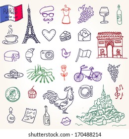 Symbols of France as funky doodles: Tower,  bistro, champagne, coffee, croissant, cock, wine, cheese, bike, camera