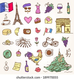 Symbols of France as funky doodles, vector illustration hand drawn