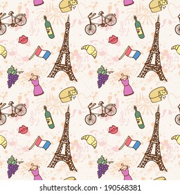 Symbols of France as funky doodles, vector  seamless pattern