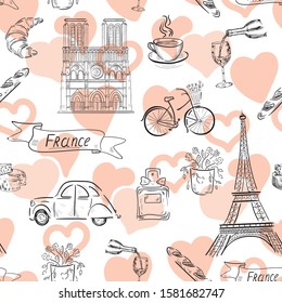Symbols France , hearts, paris  vector seamless pattern on white background . Concept for print, textile, web design, cards 