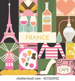 Symbols of France and Paris arranged in a square. Visit france poster or banner concept. Modern flat style vector illustration.