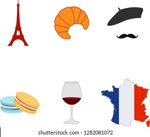 Symbols of France. A set of French symbols with croissants, macarons, beret, wine, the Eiffel tower