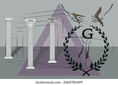 Symbols of Freemasonry, Greek columns, Solomon's Temple, square, compasses and the letter G, joined by hands in the shape of a chalice,