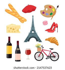 Símbolos de la cultura francesa ilustran dibujos animados. Torre Eiffel, botellas y vasos de vino, baguette y cruasán, macarón, paleta con pincel. Viaje a París, monumento, comida, concepto de Francia