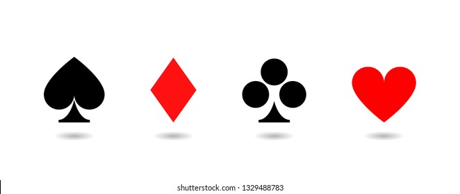 Symbols of French Playing Cards: Pikes or Spades, Tiles or Diamonds, Clovers or Clubs, Hearts. Isolated on White Background, Hand Drawn Vector illustration
