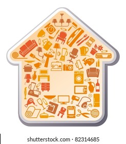 Symbols of furniture, home appliances and ware make the house