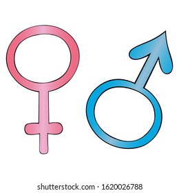 Symbols of gender. Set of vector illustrations. Male and female gender. Signs on an isolated background. Cartoon style. Idea for sticker, web design, decoration of educational literature. Legend.