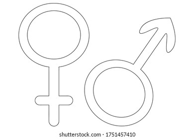 Símbolos de género. Conjunto de ilustraciones vectoriales. Género masculino y femenino. Esquema sobre un fondo blanco aislado. Esbozo. Estilo Doodle. Libro de colorear. Notación convencional. Idea para el diseño web.