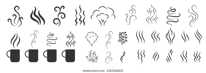 Symbols of glasses of hot drinks on white background. Fragrances evaporate icons. Smells line icon set, hot aroma, smells or fumes. Coffee cup icon. Vector illustration doodle hand drawn, EPS 10.