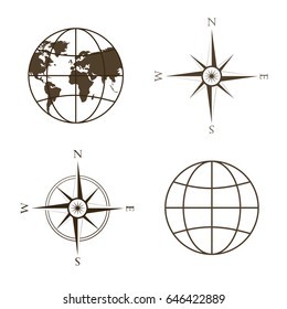 Symbols of global technology, international associations, travel, expeditions. Vector illustration of globe, wind rose, compass. Square location. Image in brown tones.