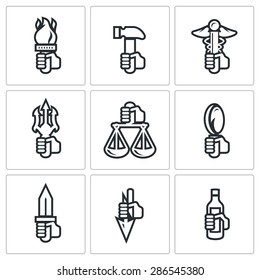 Symbols of the gods in Greek mythology icons set. Vector Illustration.
Isolated Flat Icons collection on a white background for design