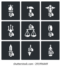 Symbols of the gods in Greek mythology icons set. Vector Illustration.
Isolated Flat Icons collection on a black background for design