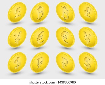 Symbols of gold coins of world currencies. Isometry. 3D. The dollar, euro, bitcoin, ruble, pound, yen is shown. Vector element of design.