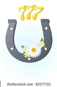 Symbols of good luck and happiness. Three seven-digit combination of bringing luck and happiness depicted on a horseshoe. Inside the horseshoe wildflowers.