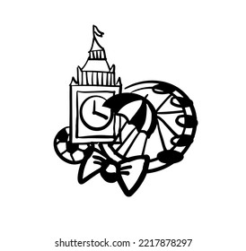 symbols of Great Britain. Big Ben, soccer ball, umbrella, London eye. A hand-drawn sketch Design element for postcards, prints, stickers, social media, etc. Vector 