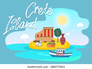 Symbols of Greece and attraction on invitation card. Crete island surrounded by water. Ancient buildings and pottery. Ship for travel by sea. Beach area with sand and ocean. Sugar cubes and tangerines