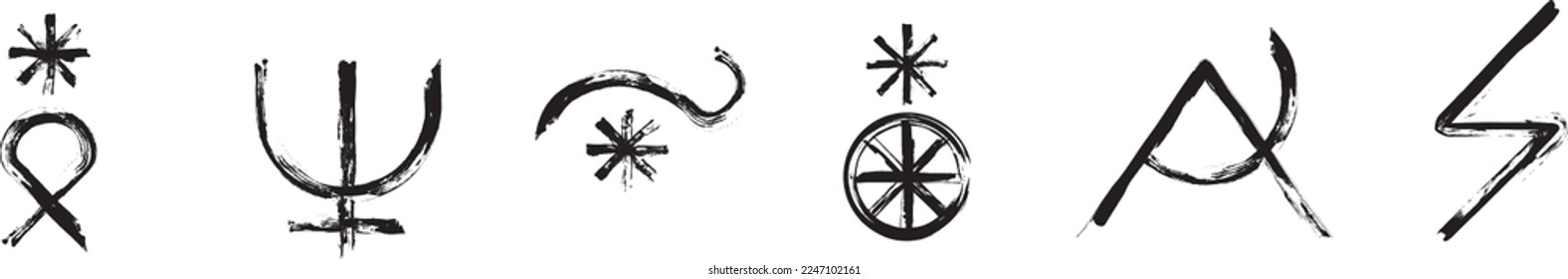 Symbols for Greek Mythology signs. Set of the ancient glyphs. Parthenope, Poseidon (Neptune), Tethys, Tyche (Fortuna), Urania, Zeus (Jupiter). Black ink handwriting. Vector