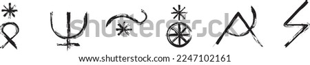 Symbols for Greek Mythology signs. Set of the ancient glyphs. Parthenope, Poseidon (Neptune), Tethys, Tyche (Fortuna), Urania, Zeus (Jupiter). Black ink handwriting. Vector Foto stock © 