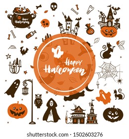 The symbols of the Halloween holiday are depicted in the illustration: bat, towers, pumpkins, spider web with spider. They can be used for a thematic holiday, cards, logo, prints, banner.