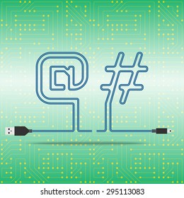Symbols At and Hash laid cable. USB blue cable, vector illustration. Background microchip