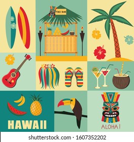 Symbols of Hawaii in bright colors. Vector illustration