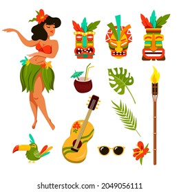 Symbole der hawaiianischen Vektorgrafik-Set. Kollektion traditioneller Elemente, hawaiianische Gitarre, Maske, Mädchen mit Blume im Haar tanzen einzeln auf weißem Hintergrund. Reisen, Tourismus, Kulturkonzept