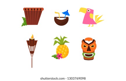 Symbols of Hawaiian culture set, summer vacation, summertime, beach holidays vector Illustration