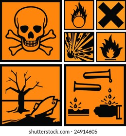 Symbols of hazard present on dangerous products. Physicochemical, health and environmental. Vector image